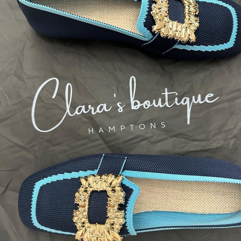 Chic Navy and Gold Loafers with Crystal Detail - Picture 5 of 6